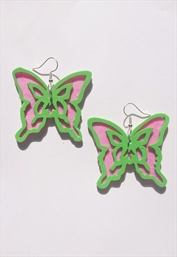 Green & Pink Butterflies - Handmade Polymer Clay Earrings