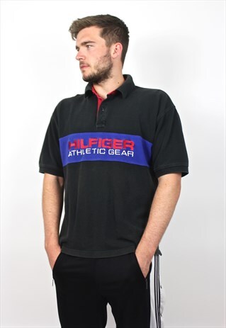 90'S RARE RETRO BLACK SPELL-OUT POLO T-SHIRT