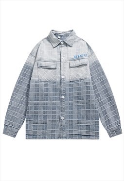 Gradient denim jacket check pattern jean bomber in blue