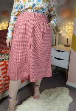 Vintage 60s Red Gingham Check Checked Button Midi Skirt