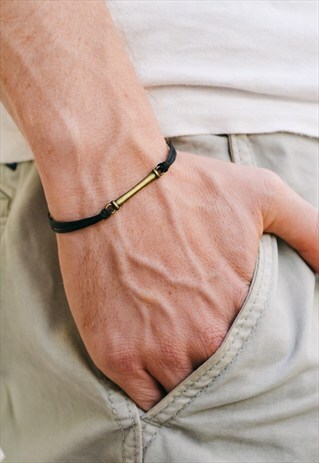 MEN'S BRACELET, BLACK BRACELET FOR MEN WITH LONG BRONZE BAR