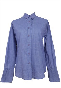 Vintage Cotton Shirt 80s Mod Blue Gingham Long Sleeve