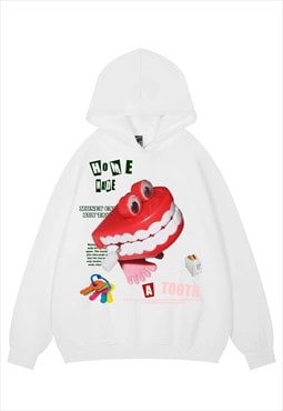Teeth print hoodie psychedelic pullover raver top in white