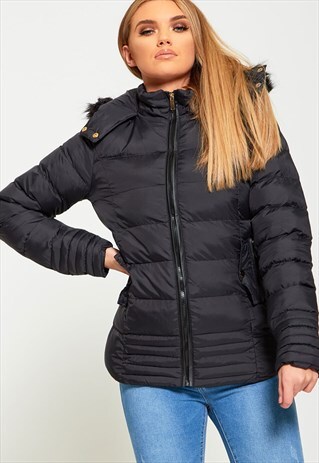 BLACK FAUX FUR LINED HOODED PUFFER COAT