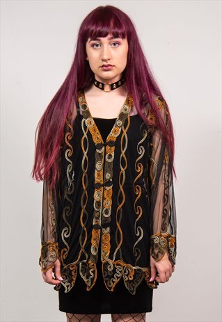 VINTAGE 90'S BLACK MESH APPLIQUE PRINT OVERSIZED BLOUSE