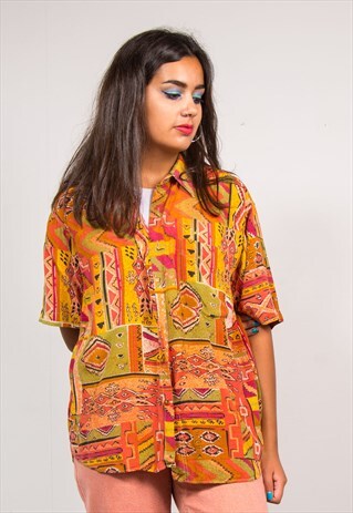 90'S VINTAGE BRIGHT WAVEY ABSTRACT PATTERN FESTIVAL SHIRT