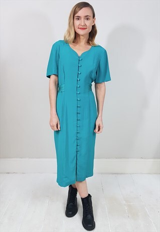 VINTAGE 80'S TURQUIOSE GREEN BUTTON DOWN DRESS