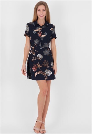 BLACK COLLARED FLORAL PRINT MINI SHIRT DRESS