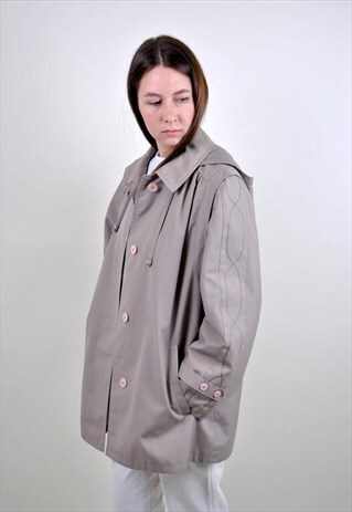 MINIMALIST GREY RAINCOAT, OVERSIZE AUTUMN HOODED JACKET
