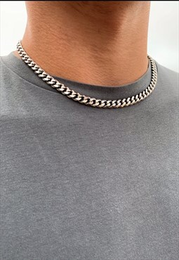 Silver 8mm Cuban Chain Necklace, Mens Necklace Thick Chain