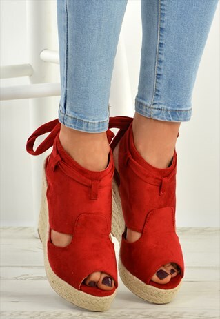 RED ESPADRILLE WEDGE PLATFORM BACK LACE SANDALS SHOES