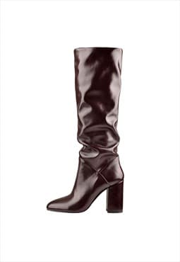 Round Toe Crinkle Knee High Chunky Heels Boots