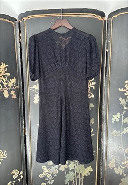 40's Vintage Dark Blue Lace Short Sleeve Tea Mini Dress