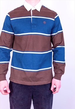 Vintage Timberland Striped Rugby Polo Shirt in Blue &Brown M