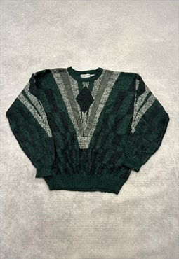 Vintage Knitted Jumper Patterned Knit with Leather Trim 
