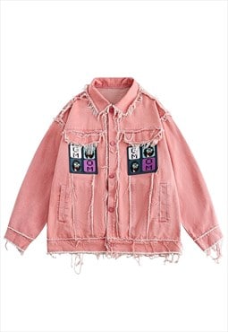Bleached denim jacket distressed jean varsity in pastel pink