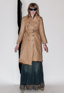 90's Vintage double breasted leather trench coat in tan