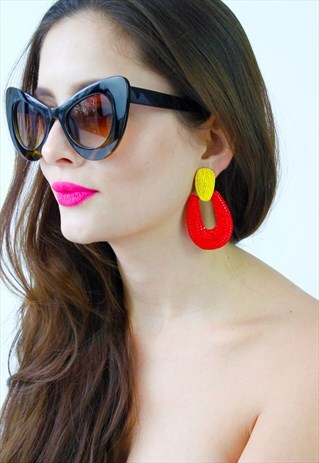 RED & YELLOW HOOP DOOR KNOCKER STATEMENT EARRINGS
