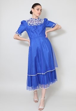 70's Vintage Dress Blue Lace Sheer Tiered Ruffle Midi