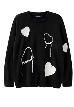 Heart sweater knitted grunge jumper fleece patch top black
