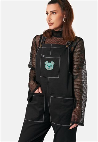 BEAR-ABLE TEDDY EMBROIDERY BLACK WOVEN DUNGAREES