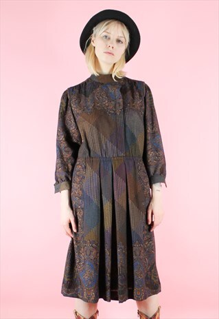 VINTAGE 90S DRESS MIDI Y2K BROWN HIGH NECK LONGSLEEVE