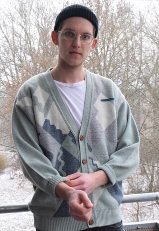 80S LIGHT BLUEPASTEL PATTERNED WOOL CARDIGAN GRANDPA