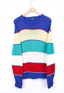 Vintage Knitted Jumper Multicolour Striped Pullover Crewneck