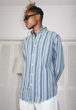 Vintage 90s Blue and White Striped Corduroy Casual Shirt 