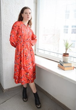 Vintage 60's Thin Red Abstract Print Long Sleeved Midi Dress