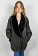 80's Vintage Ladies Coat Black Suede Shearling Sheepskin