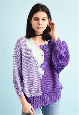 80'S RETRO EMBROIDERED PASTEL SLOUCHY MOMS KNIT JUMPER