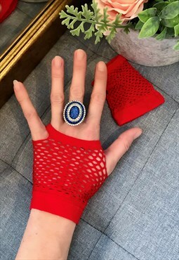 Red Wrist High Fishnet Gloves