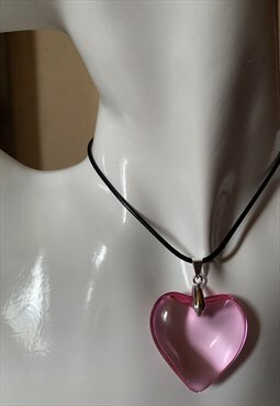 pink glass puff heart pendant wax cord necklace