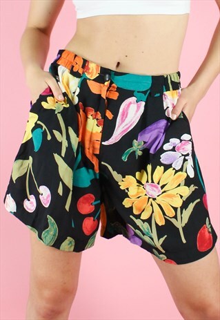 VINTAGE 90S SHORTS FLORAL Y2K BLACK WIDE LEG FLOWER