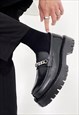 SILVER CHAIN LOAFERS SHOES FANCY PLATFORM BOOTS IN BLACK
