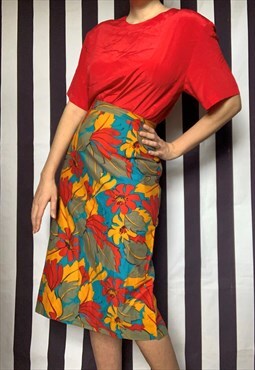 Vintage pencil skirt, multicoloured floral tropical, UK10/12