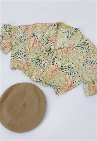 VINTAGE REWORKED RUFFLE GOLD PATTERN CROP BLOUSE
