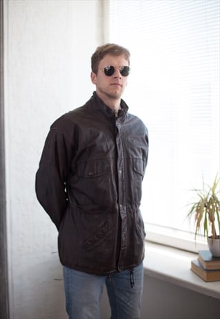 VINTAGE 70'S LEATHER HIGH COLLAR PARKA IN BROWN