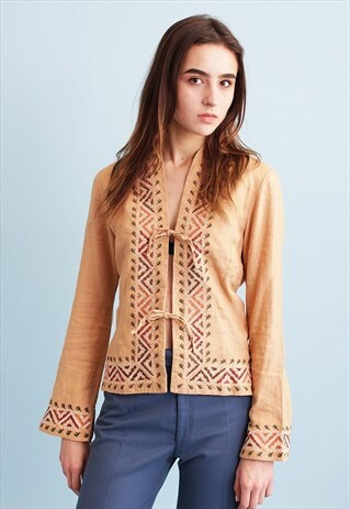 90'S RETRO NEUTRAL EMBROIDERY BOHO HIPPIE BLOUSE TOP