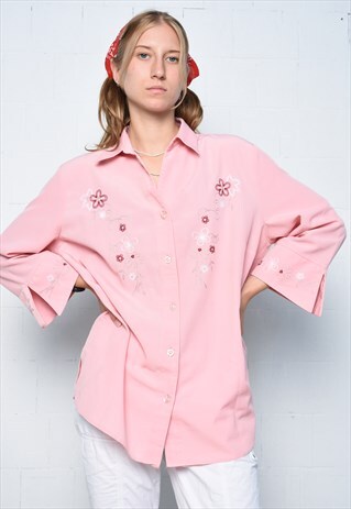 Vintage 80s floral embroidery 3/4 sleeves blouse shirt top 