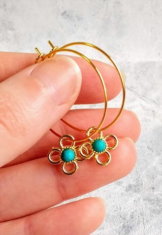 MINI GOLDEN TURQUOISE FLOWER HOOP EARRINGS