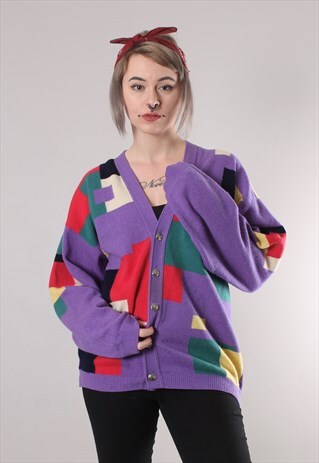 VINTAGE 80S PATTERNED WOOL KNIT OVERSIZE CARDIGAN