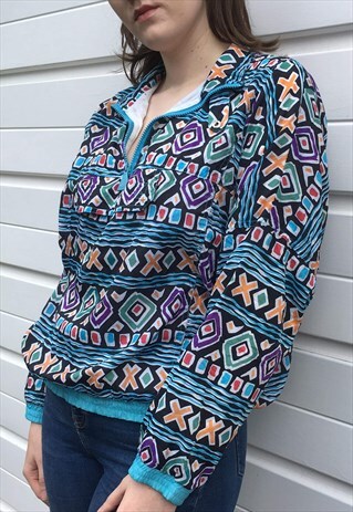 WOMENS VINTAGE 80S JACKET AZTEC PATTERN QUARTER ZIP PULLOVER