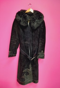 Vintage 70s Suede Leather Coat Black Western Faux Fur