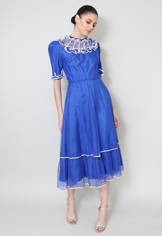 70's Vintage Dress Blue Lace Sheer Tiered Ruffle Midi