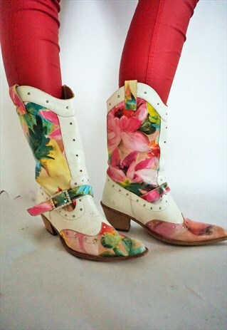 VINTAGE WHITE GENUINE LEATHER COWBOY WESTERN BOOTS SHOES