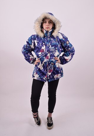 VINTAGE 80'S BLUE CRAZY PRINT SKI WINDBREAKER JACKET SMALL