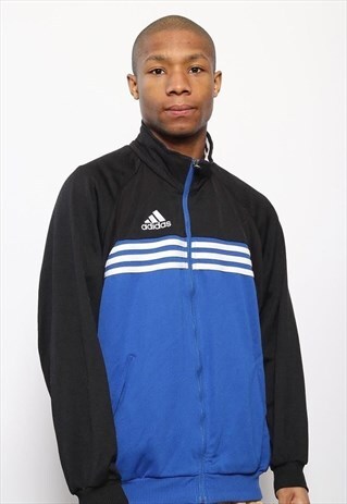 VINTAGE ADIDAS FULL ZIP TRACK JACKET BLACK BLUE