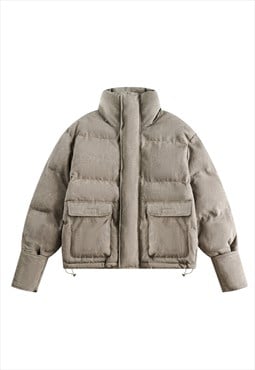 Textured bomber distressed puffer jacket utility winter coat